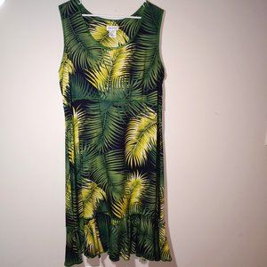 Paradiso Sleeveless Scoop Neck Midi Summer Dress Palm Leaves Print Size XL Green